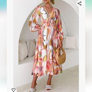 Women's Long Sleeve Boho Maxi Dress Floral Print Long Dress Pink Print small new